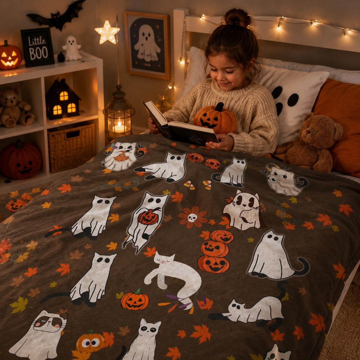 Halloween Ghost Cat Blanket, Cute Spooky Cat Throw Blanket, Cozy Fall Halloween Decor, Gothic Cat Lover Gift, Soft Plush Autumn Blanket