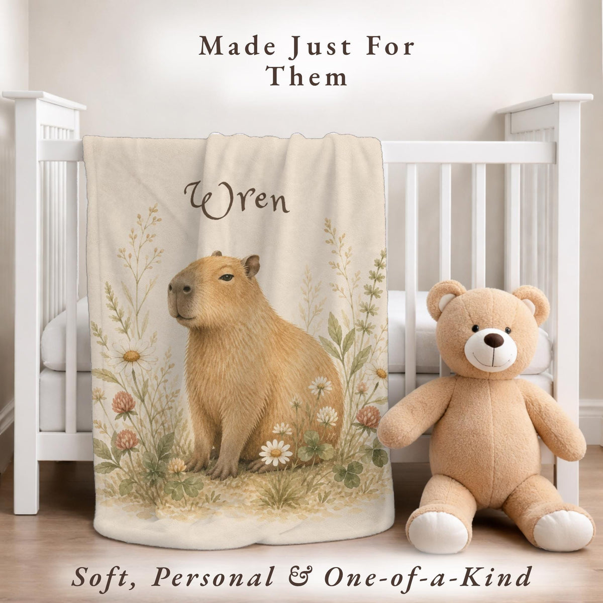 Personalized Capybara Baby Blanket, Custom Name Nursery Blanket, Woodland Animal Baby Gift, Floral Capybara Blanket, Baby Shower Gift