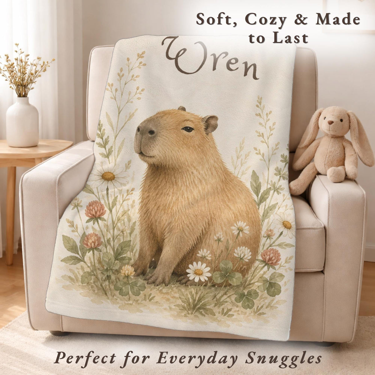 Personalized Capybara Baby Blanket, Custom Name Nursery Blanket, Woodland Animal Baby Gift, Floral Capybara Blanket, Baby Shower Gift