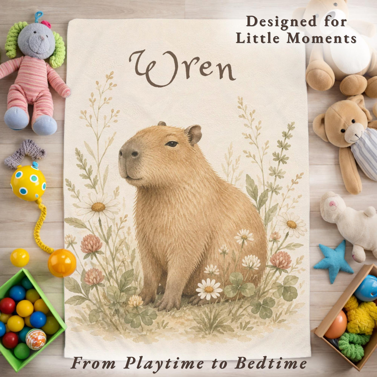 Personalized Capybara Baby Blanket, Custom Name Nursery Blanket, Woodland Animal Baby Gift, Floral Capybara Blanket, Baby Shower Gift