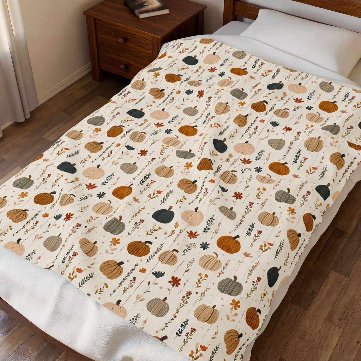 Boho Fall Pumpkin Blanket Autumn Leaves Plaid Velveteen Plush Throw Cozy Thanksgiving Decor
