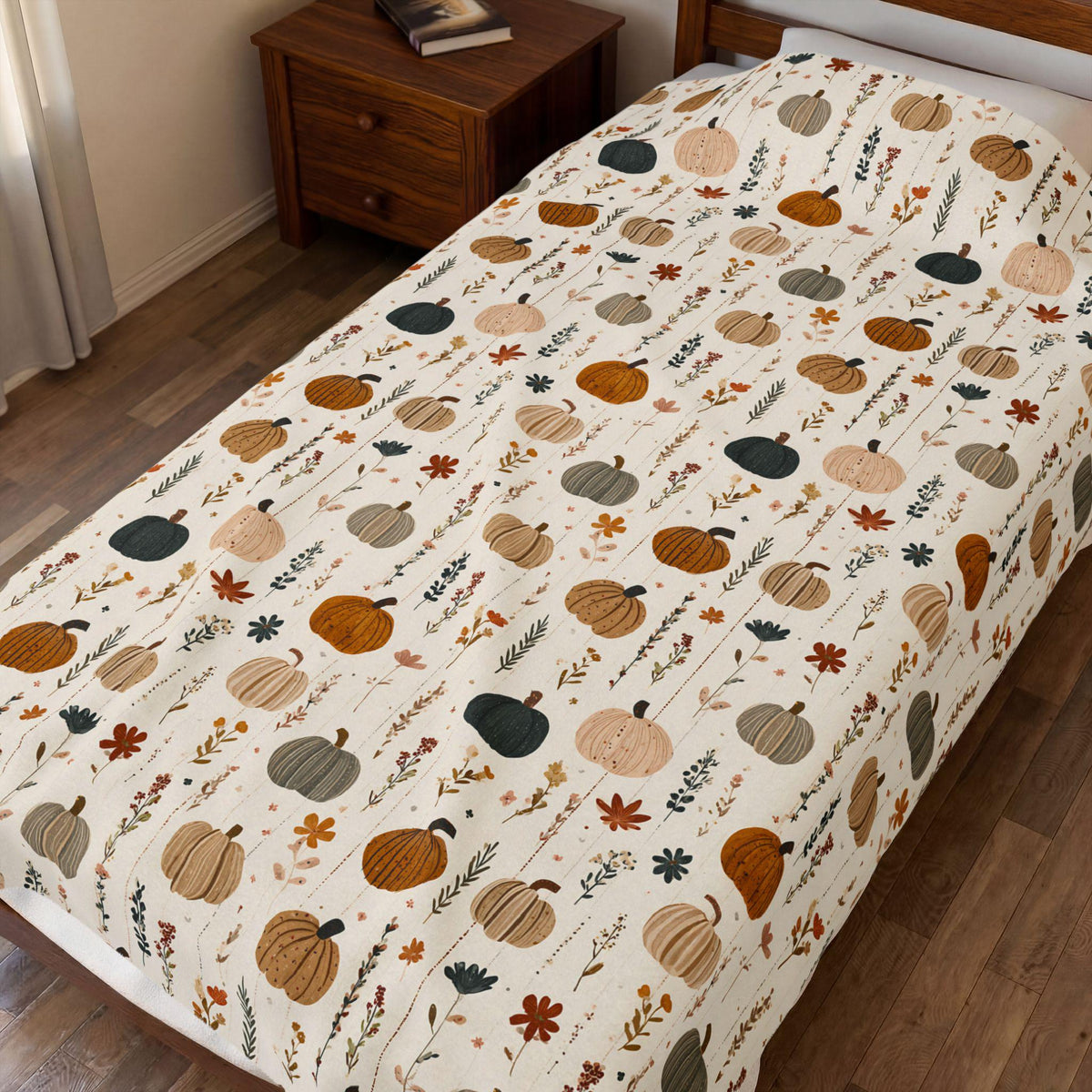 Boho Fall Pumpkin Blanket Autumn Leaves Plaid Velveteen Plush Throw Cozy Thanksgiving Decor