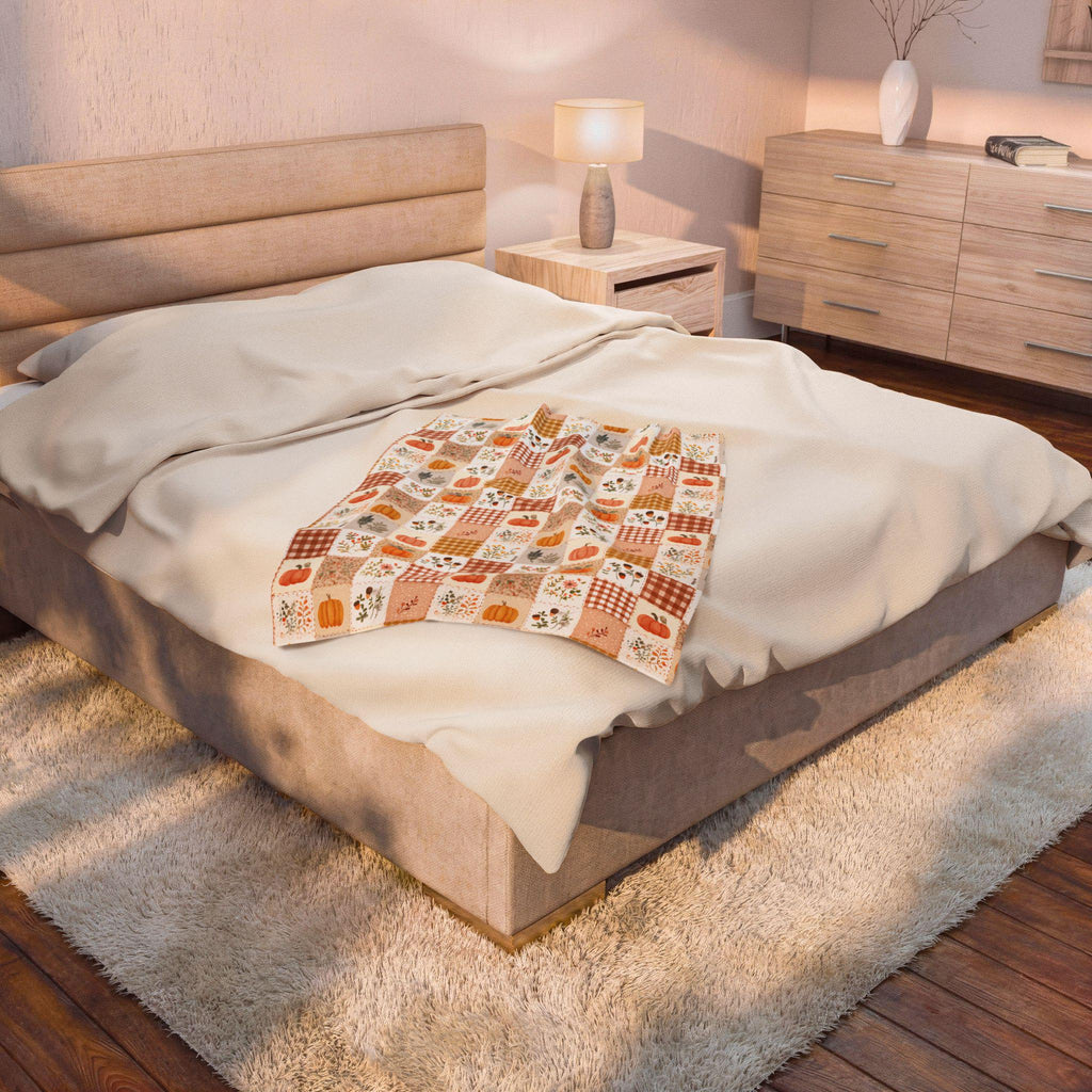 Autumn Patchwork Pumpkin Blanket Fall Plaid Velveteen Plush Throw Grandmacore Farmhouse Decor