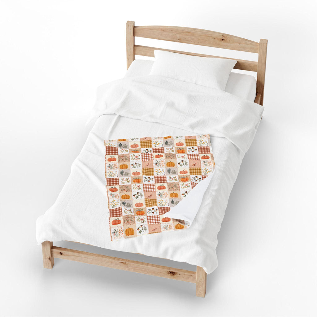 Autumn Patchwork Pumpkin Blanket Fall Plaid Velveteen Plush Throw Grandmacore Farmhouse Decor