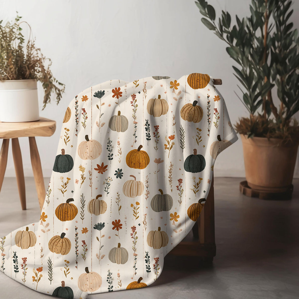 Boho Fall Pumpkin Blanket Autumn Leaves Plaid Velveteen Plush Throw Cozy Thanksgiving Decor