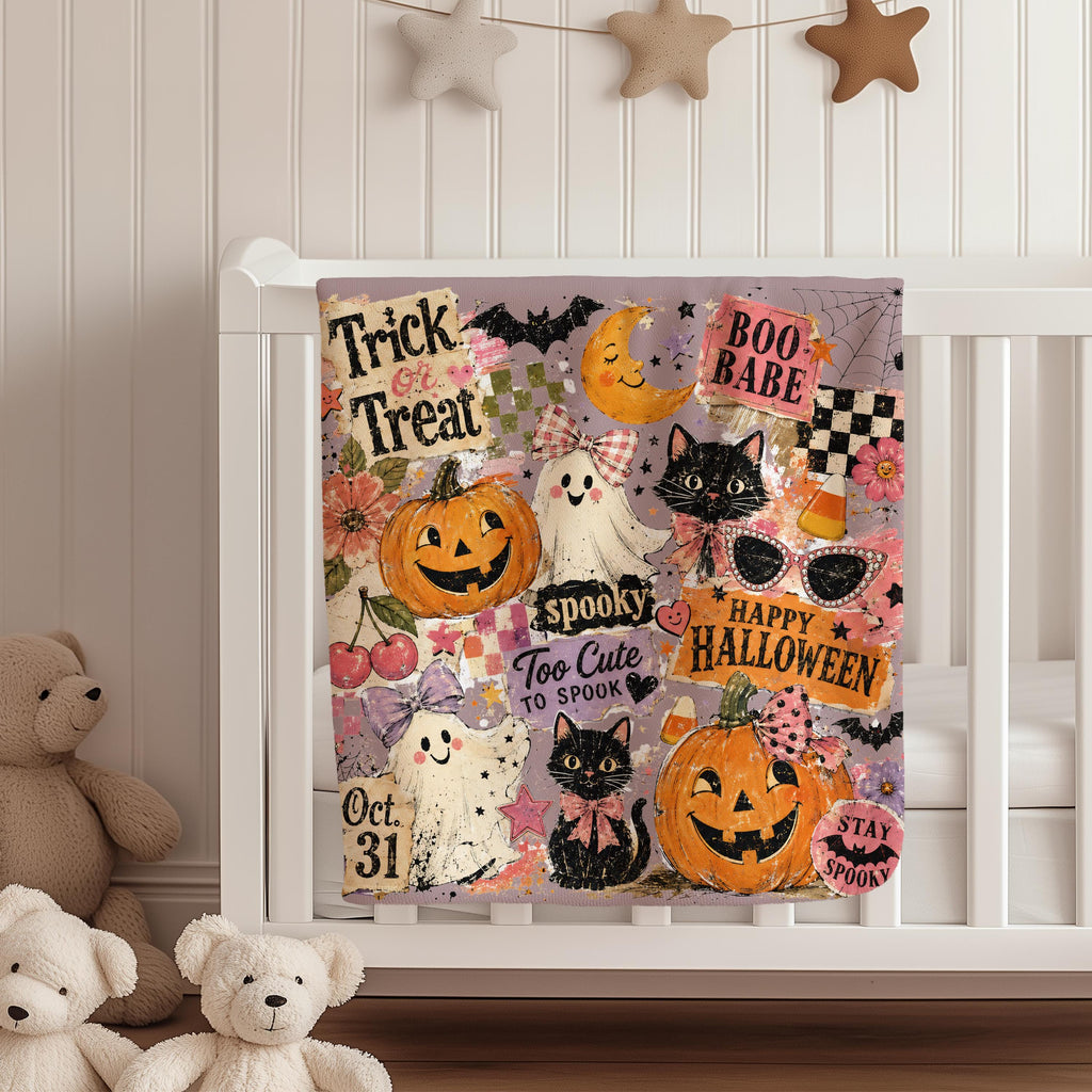 Girly Halloween Ghost Cat Pumpkin Blanket, Retro Spooky Collage Throw, Cute Floral Fall Blanket, Cozy Autumn Decor, Spooky Gift