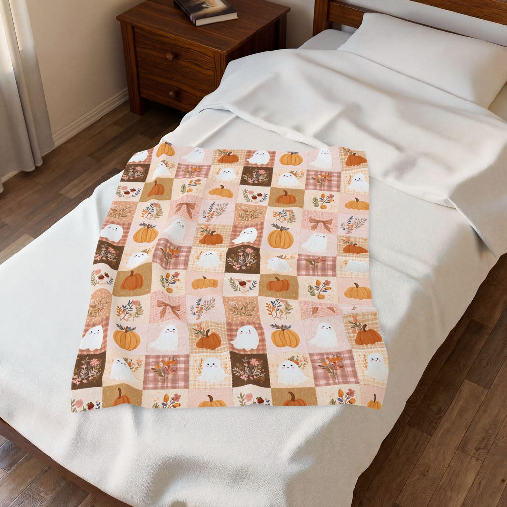 Patchwork Halloween Ghost Blanket Pumpkin Plaid Velveteen Plush Throw Grandmacore Farmhouse Decor
