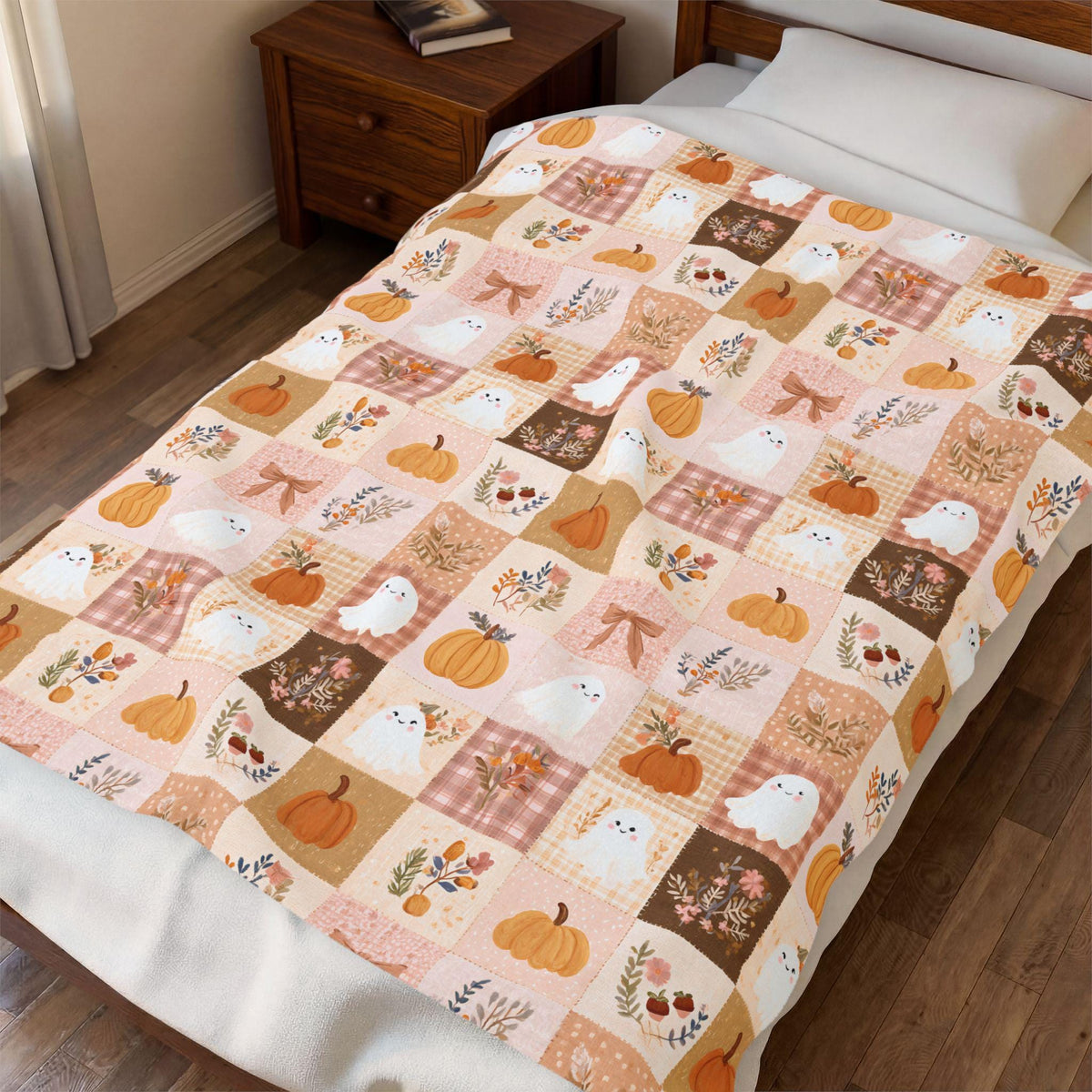 Patchwork Halloween Ghost Blanket Pumpkin Plaid Velveteen Plush Throw Grandmacore Farmhouse Decor