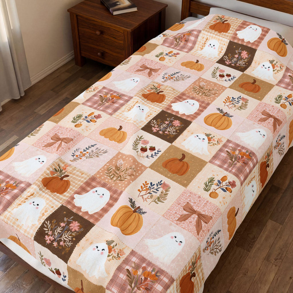 Patchwork Halloween Ghost Blanket Pumpkin Plaid Velveteen Plush Throw Grandmacore Farmhouse Decor