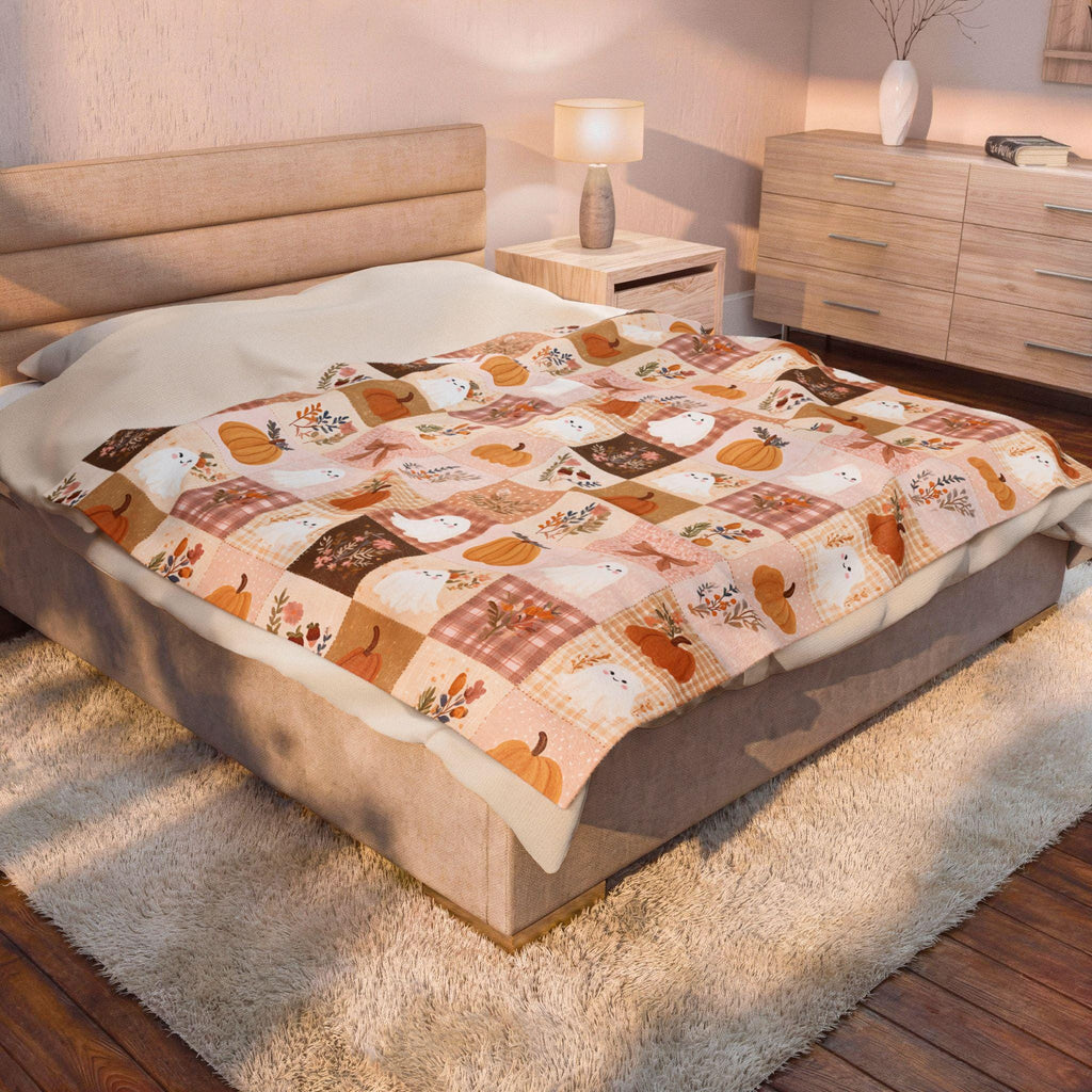Patchwork Halloween Ghost Blanket Pumpkin Plaid Velveteen Plush Throw Grandmacore Farmhouse Decor