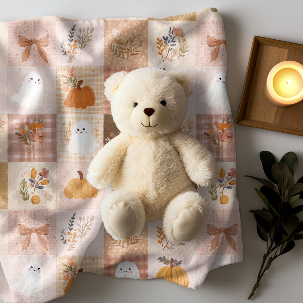 Patchwork Halloween Ghost Blanket Pumpkin Plaid Velveteen Plush Throw Grandmacore Farmhouse Decor