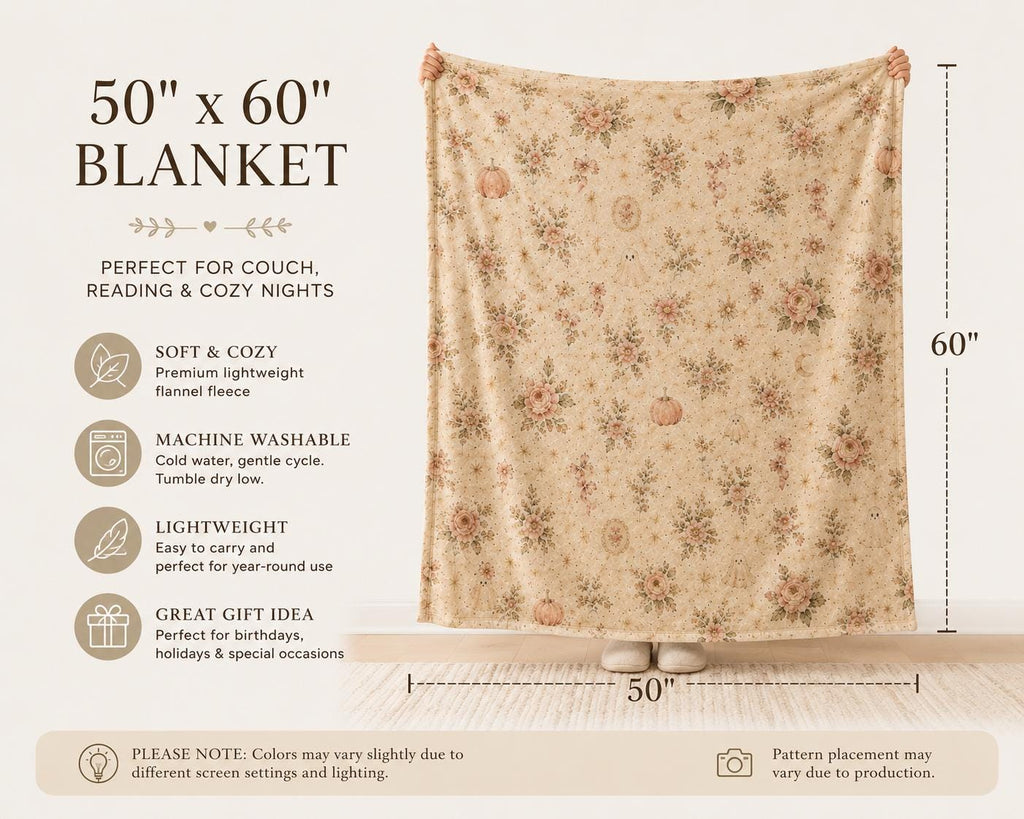 Summerween Plush Blanket 50x60, Ghost Floral Throw Blanket, Cottagecore Halloween Blanket, Pink Pumpkin Cozy Throw, Soft Spooky Fall Decor