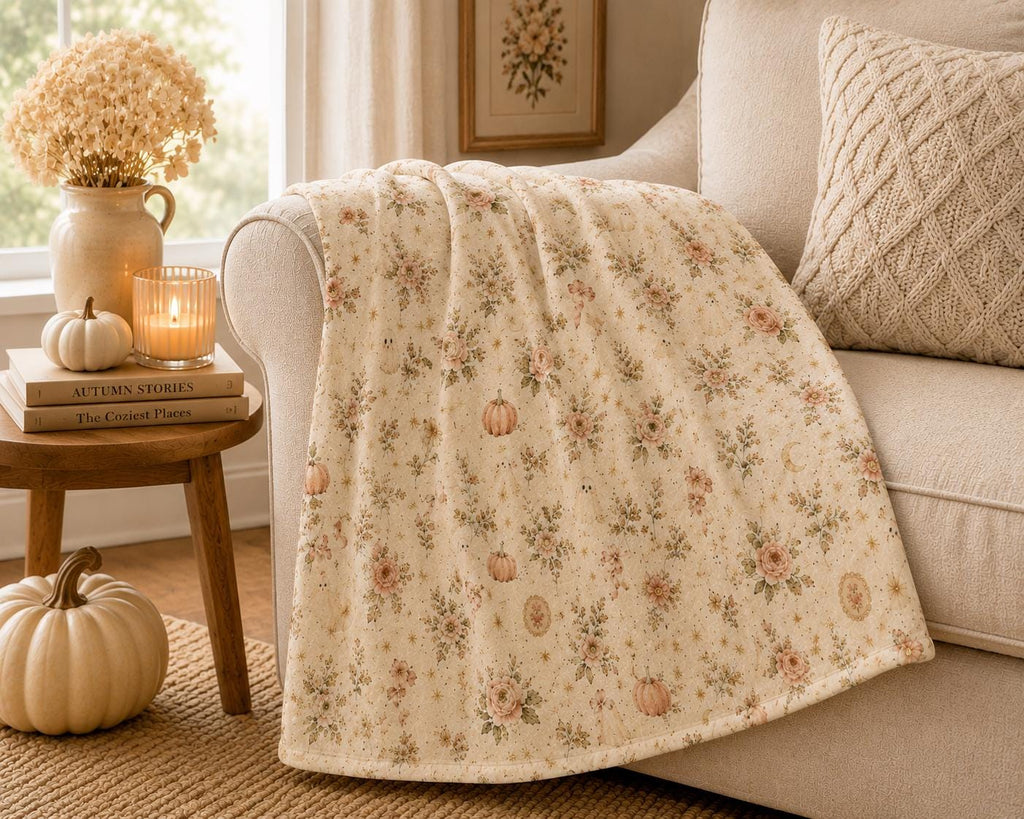 Summerween Plush Blanket 50x60, Ghost Floral Throw Blanket, Cottagecore Halloween Blanket, Pink Pumpkin Cozy Throw, Soft Spooky Fall Decor