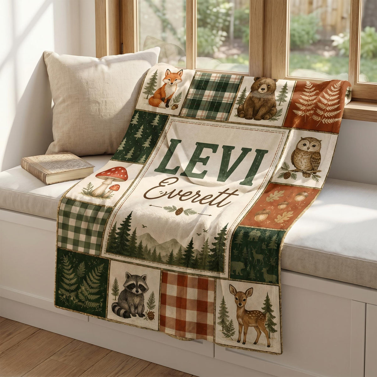 Personalized Woodland Blanket, Custom Name Forest Animal Patchwork Blanket, Fox Bear Deer Throw, Baby Nursery Gift Boy Girl