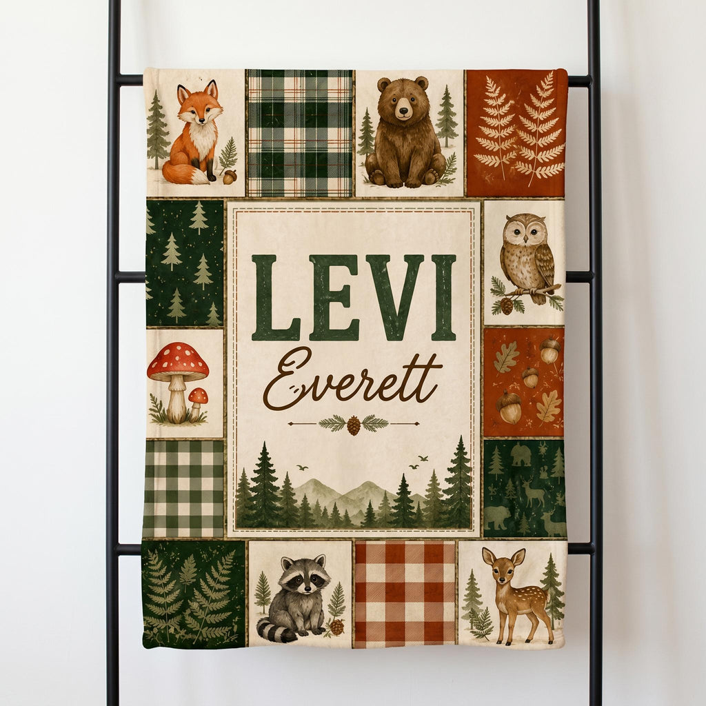 Personalized Woodland Blanket, Custom Name Forest Animal Patchwork Blanket, Fox Bear Deer Throw, Baby Nursery Gift Boy Girl
