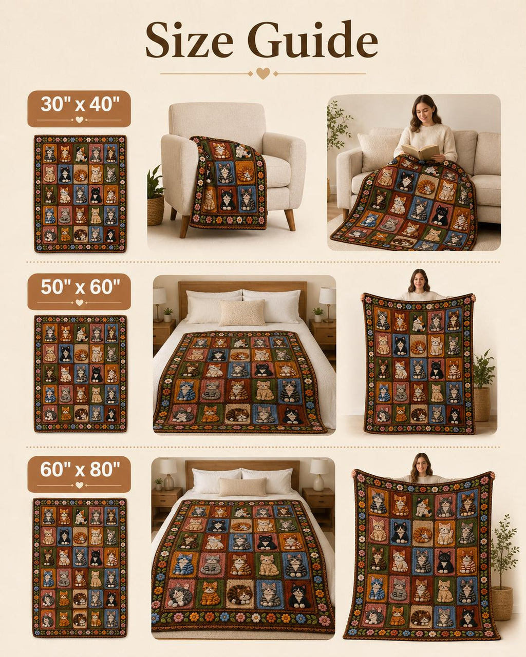 Printed Cat Patchwork Plush Throw Blanket — Crochet-Inspired Design