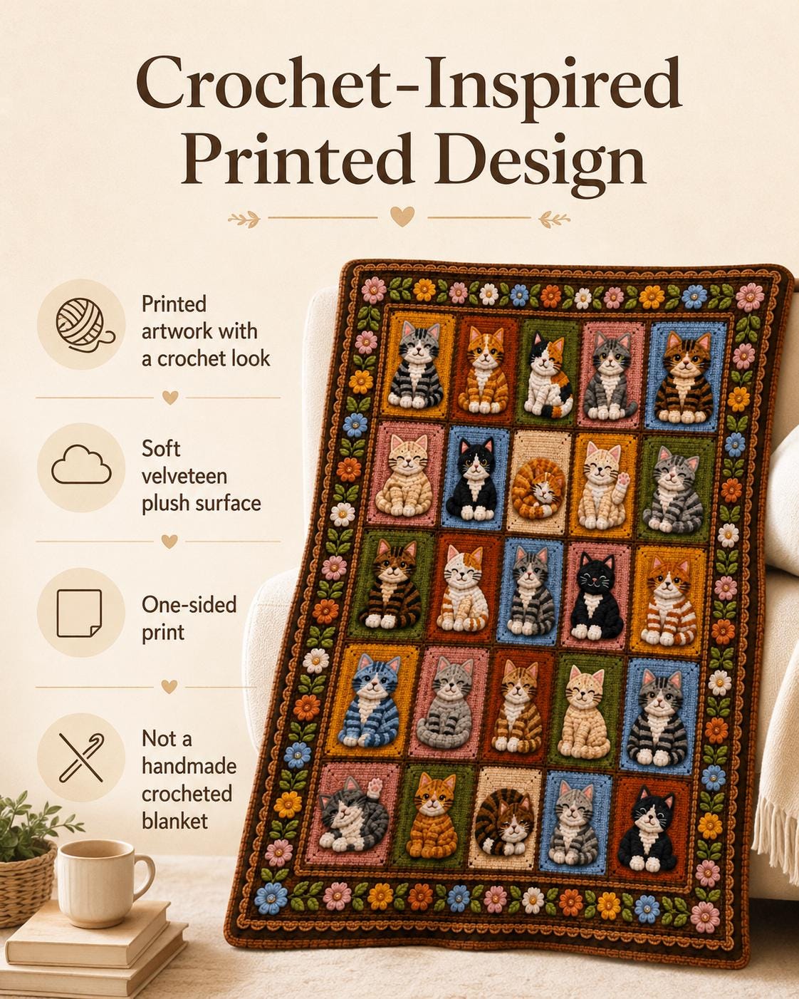 Printed Cat Patchwork Plush Throw Blanket — Crochet-Inspired Design