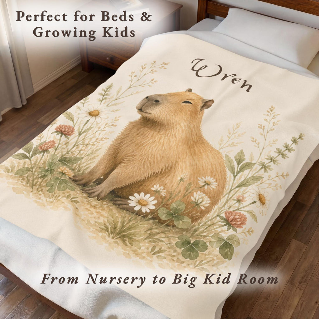 Personalized Capybara Baby Blanket, Custom Name Nursery Blanket, Woodland Animal Baby Gift, Floral Capybara Blanket, Baby Shower Gift