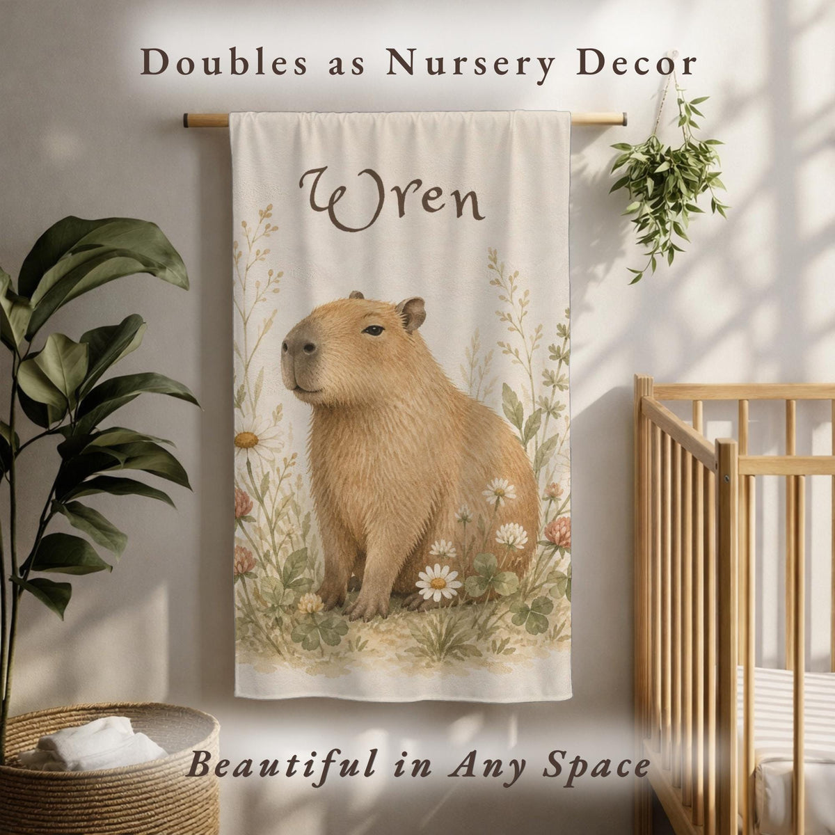 Personalized Capybara Baby Blanket, Custom Name Nursery Blanket, Woodland Animal Baby Gift, Floral Capybara Blanket, Baby Shower Gift