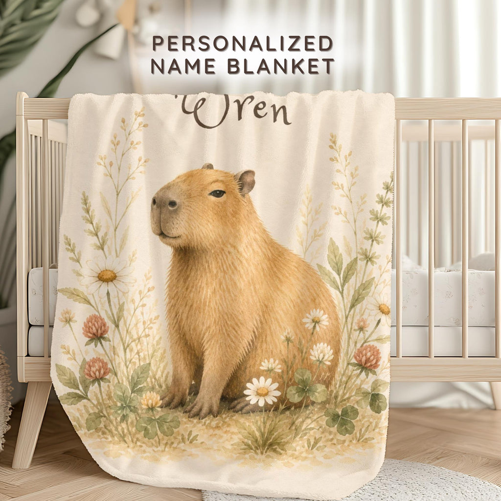 Personalized Capybara Baby Blanket, Custom Name Nursery Blanket, Woodland Animal Baby Gift, Floral Capybara Blanket, Baby Shower Gift