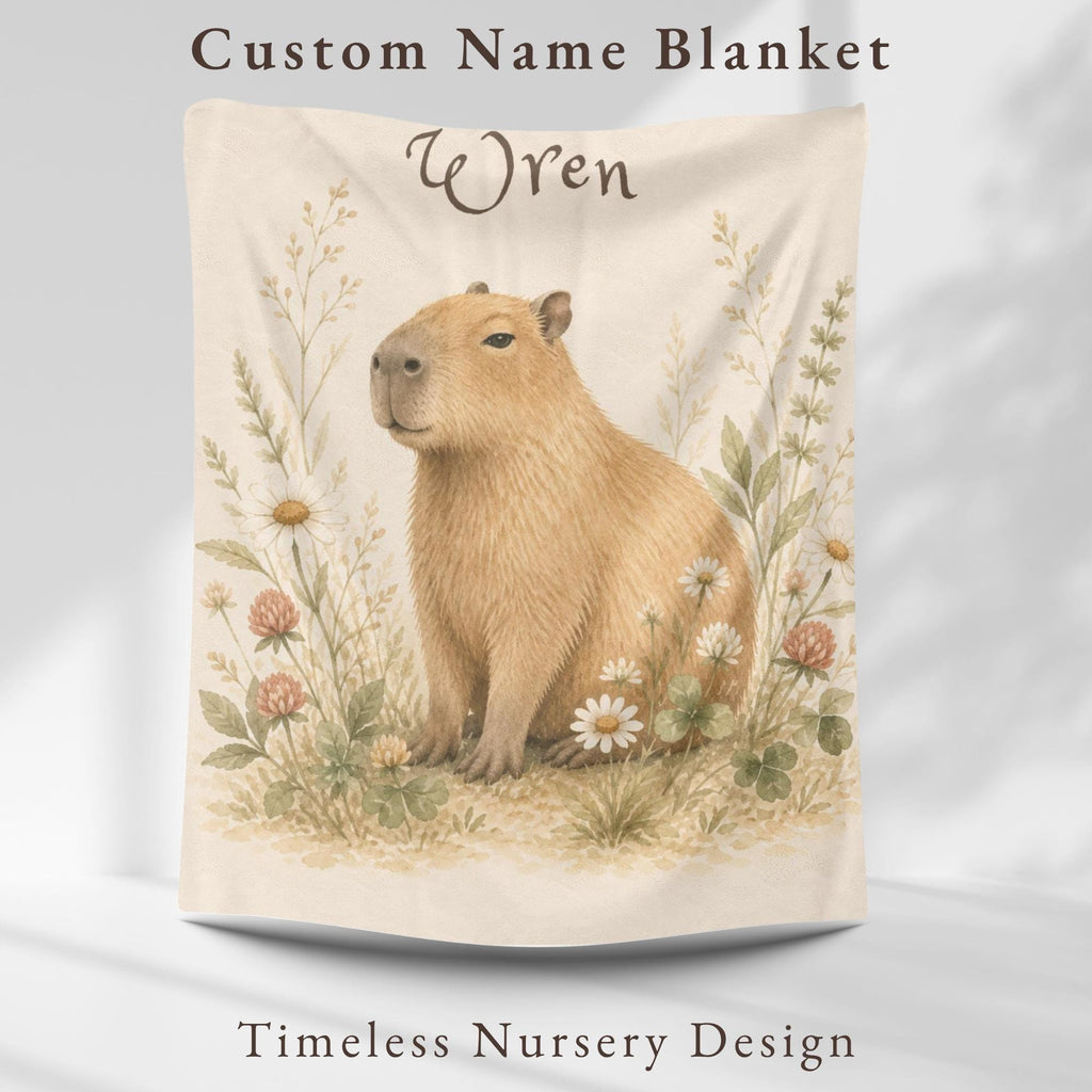Personalized Capybara Baby Blanket, Custom Name Nursery Blanket, Woodland Animal Baby Gift, Floral Capybara Blanket, Baby Shower Gift