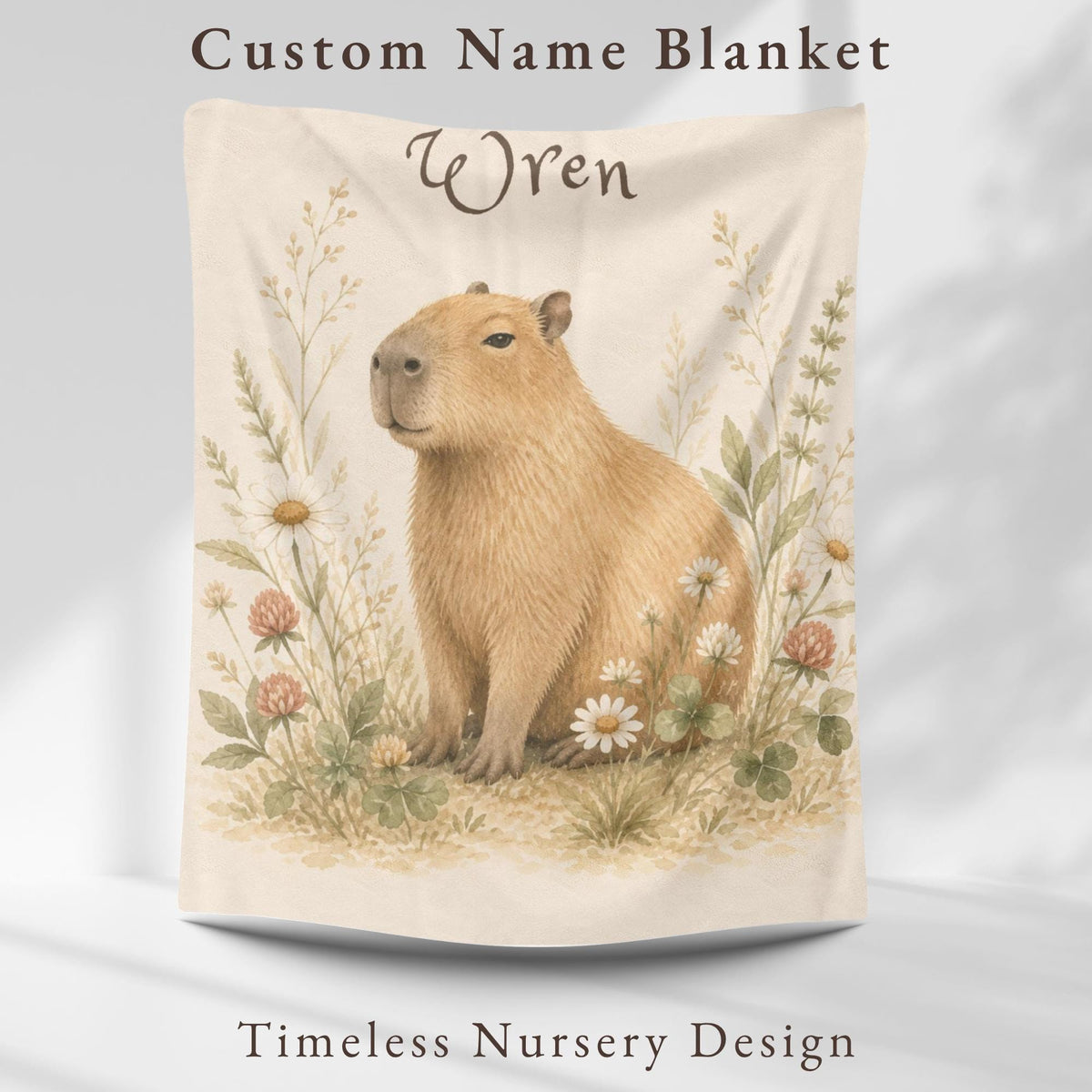 Personalized Capybara Baby Blanket, Custom Name Nursery Blanket, Woodland Animal Baby Gift, Floral Capybara Blanket, Baby Shower Gift