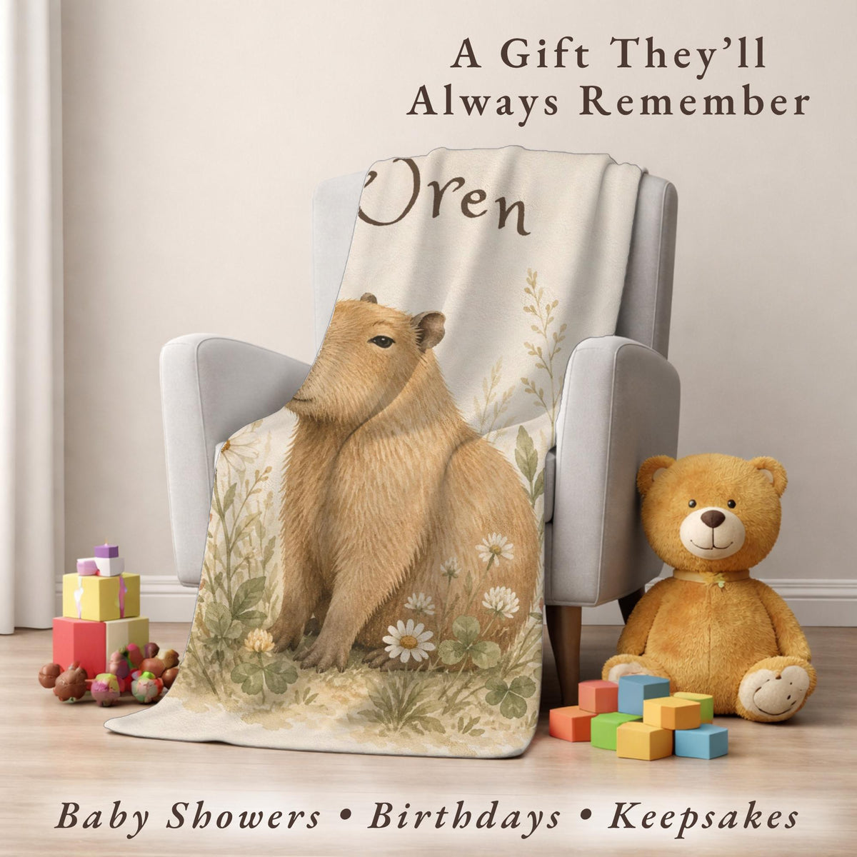 Personalized Capybara Baby Blanket, Custom Name Nursery Blanket, Woodland Animal Baby Gift, Floral Capybara Blanket, Baby Shower Gift