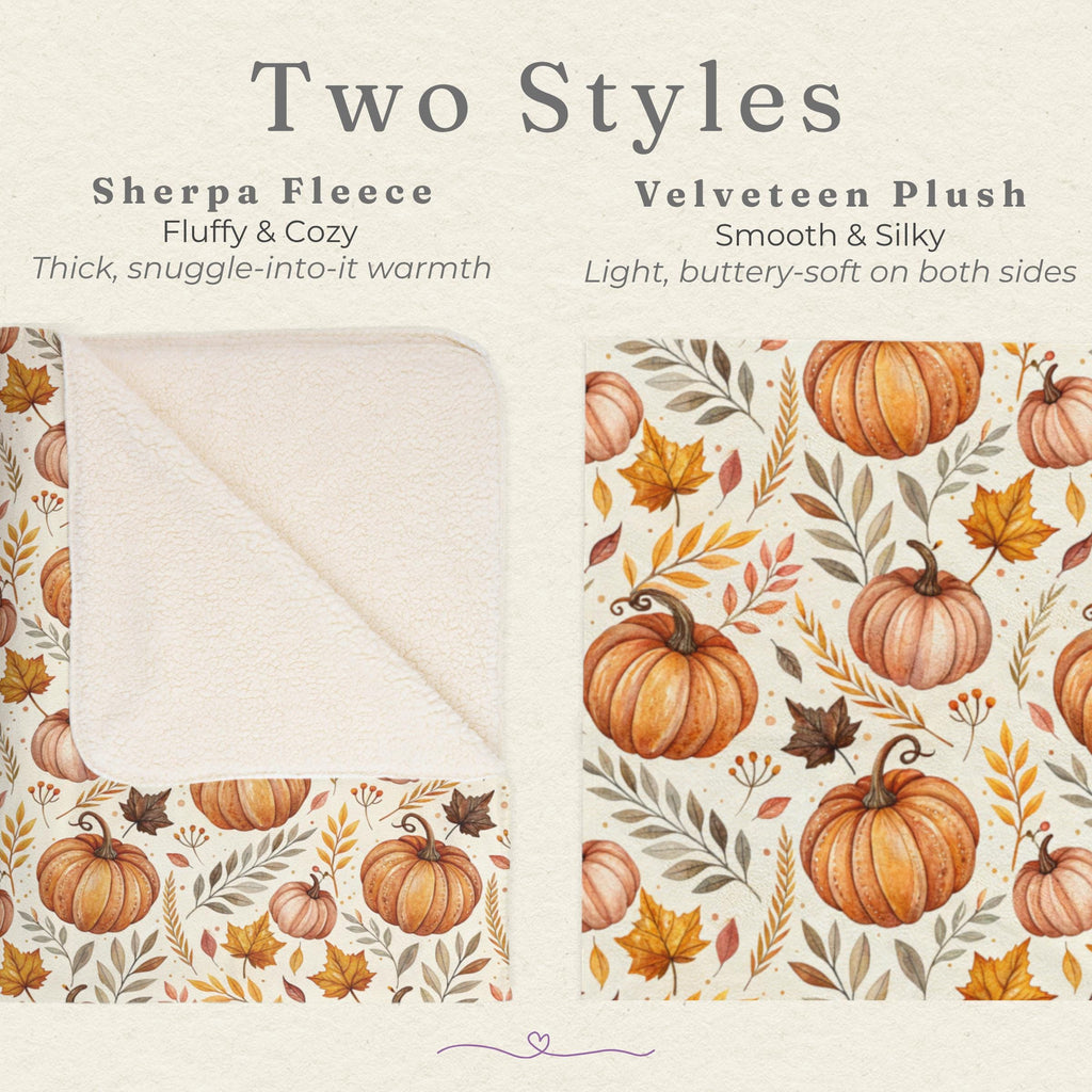 Cozy Pumpkin Blanket Fall Throw | Sherpa or Velveteen Plush | Whimsical Autumn Floral | Cottagecore Pumpkin Spice Season Home Decor