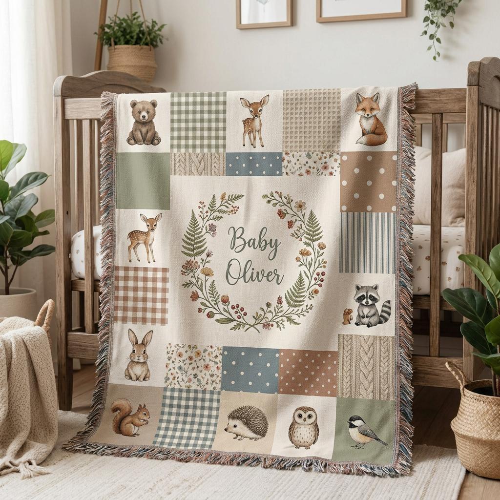 Personalized Woodland Animals Woven Blanket, Forest Nursery Decor, Heirloom Keepsake