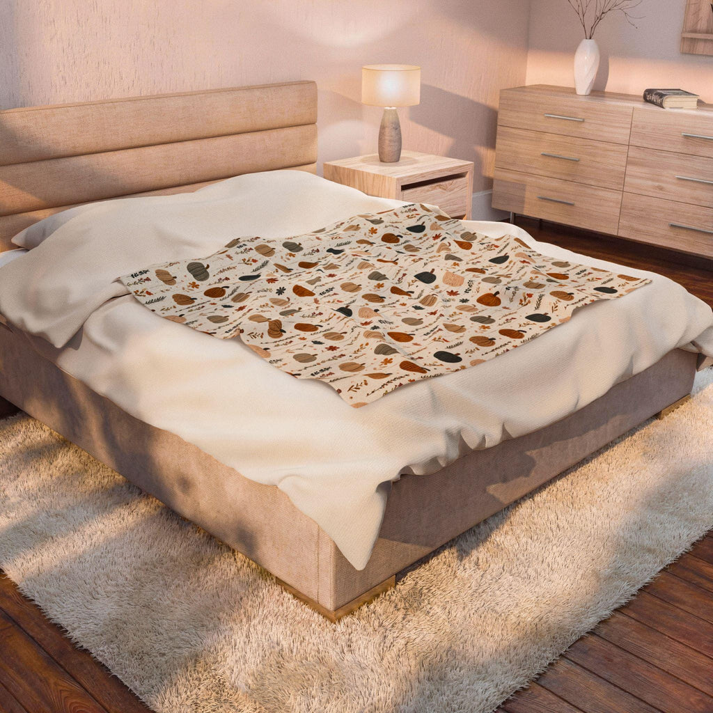 Boho Fall Pumpkin Blanket Autumn Leaves Plaid Velveteen Plush Throw Cozy Thanksgiving Decor