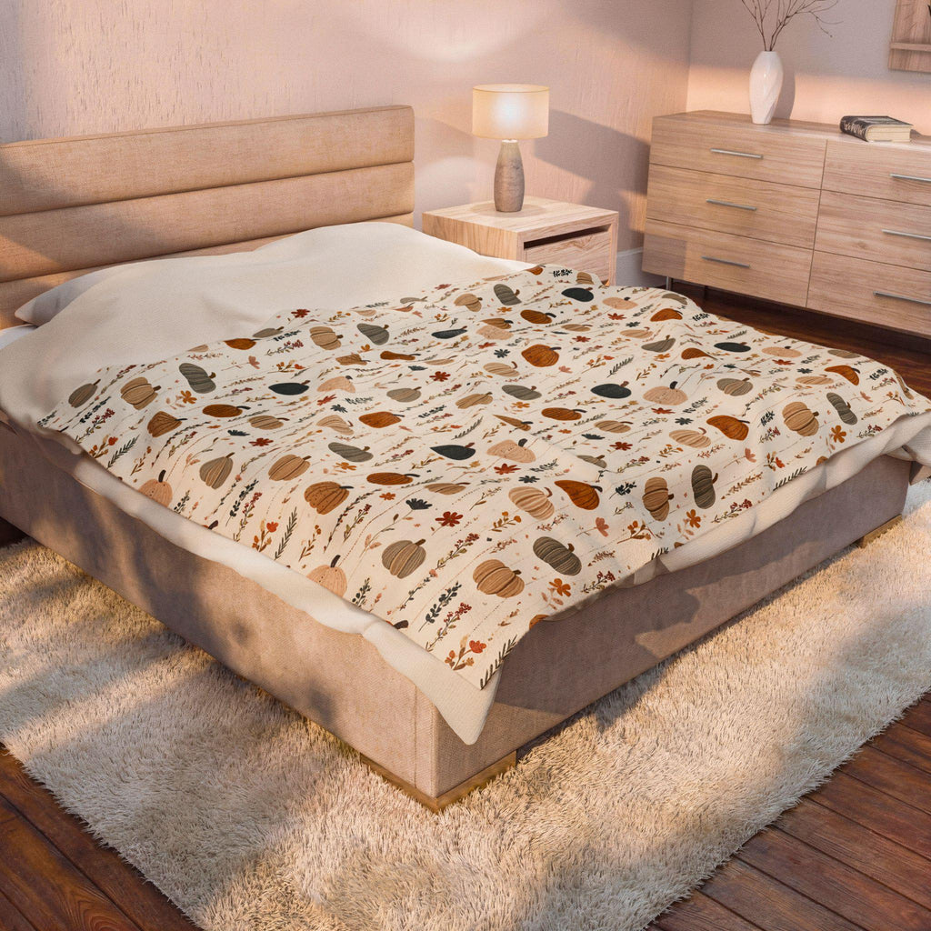 Boho Fall Pumpkin Blanket Autumn Leaves Plaid Velveteen Plush Throw Cozy Thanksgiving Decor