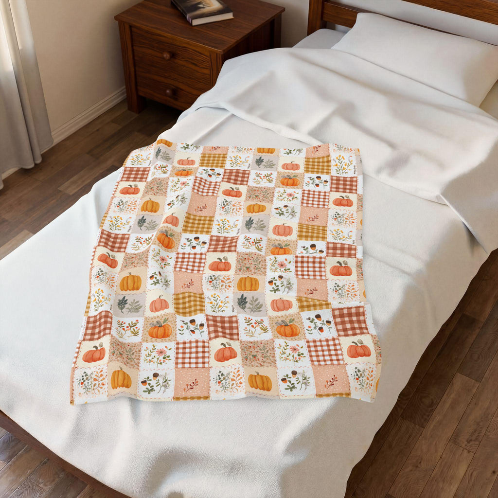 Autumn Patchwork Pumpkin Blanket Fall Plaid Velveteen Plush Throw Grandmacore Farmhouse Decor