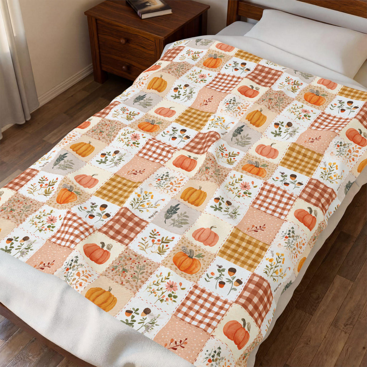Autumn Patchwork Pumpkin Blanket Fall Plaid Velveteen Plush Throw Grandmacore Farmhouse Decor