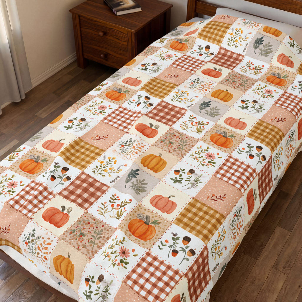 Autumn Patchwork Pumpkin Blanket Fall Plaid Velveteen Plush Throw Grandmacore Farmhouse Decor