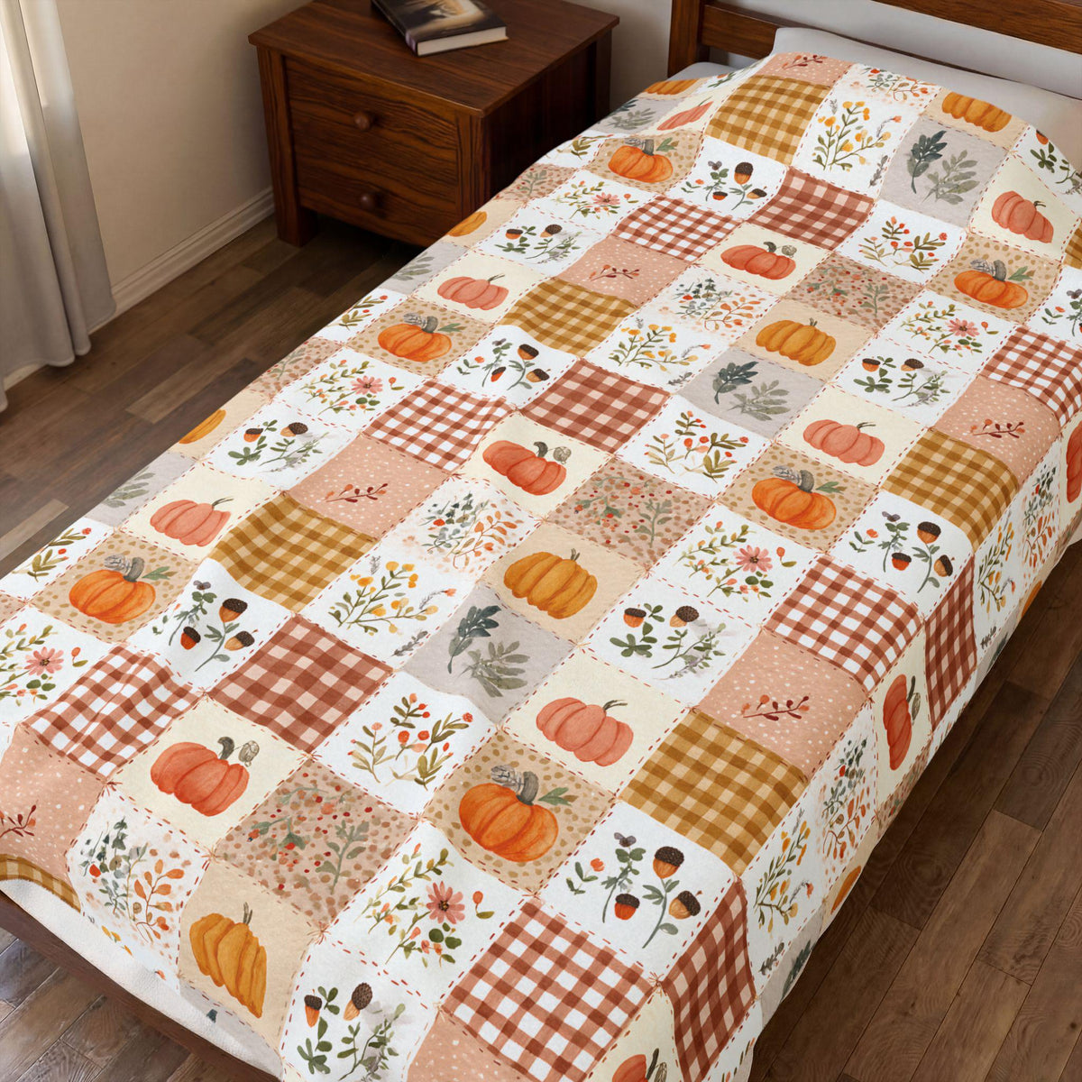 Autumn Patchwork Pumpkin Blanket Fall Plaid Velveteen Plush Throw Grandmacore Farmhouse Decor