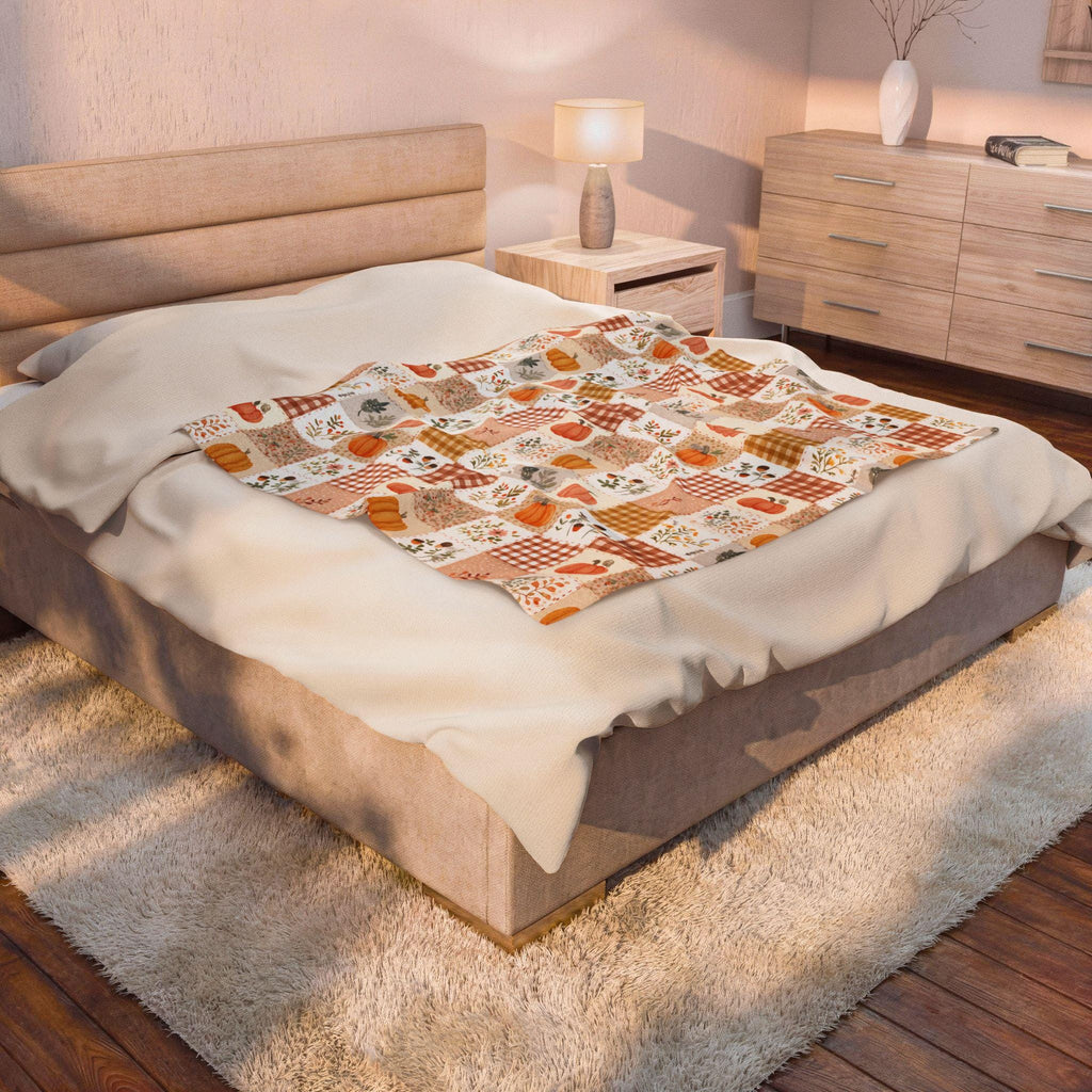 Autumn Patchwork Pumpkin Blanket Fall Plaid Velveteen Plush Throw Grandmacore Farmhouse Decor