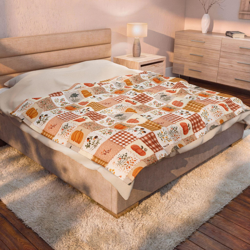 Autumn Patchwork Pumpkin Blanket Fall Plaid Velveteen Plush Throw Grandmacore Farmhouse Decor
