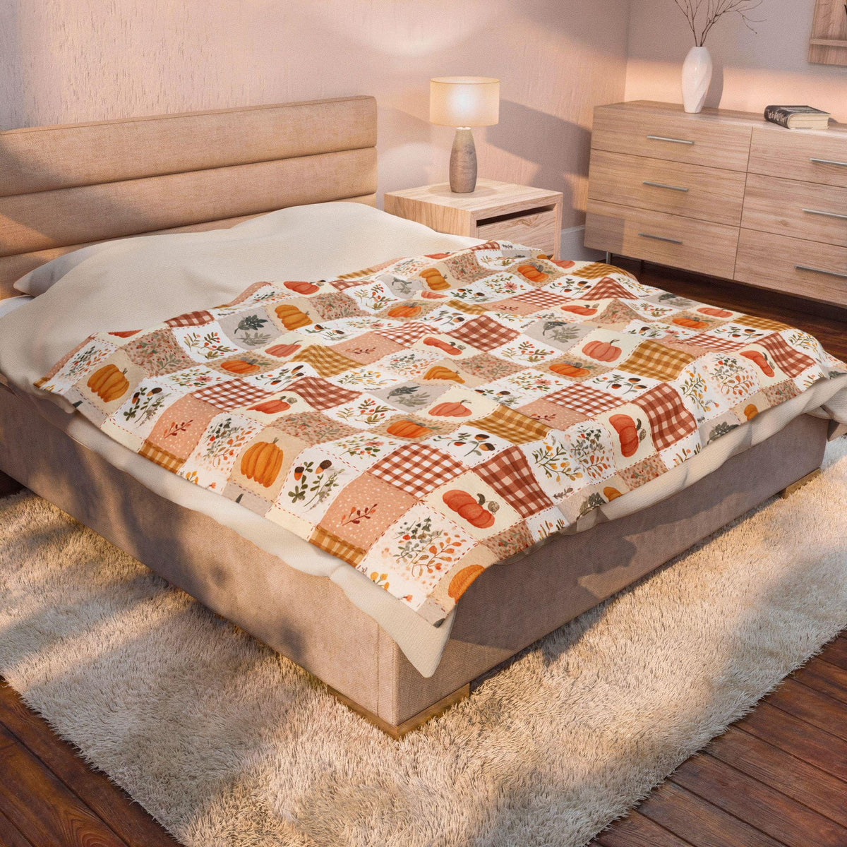 Autumn Patchwork Pumpkin Blanket Fall Plaid Velveteen Plush Throw Grandmacore Farmhouse Decor
