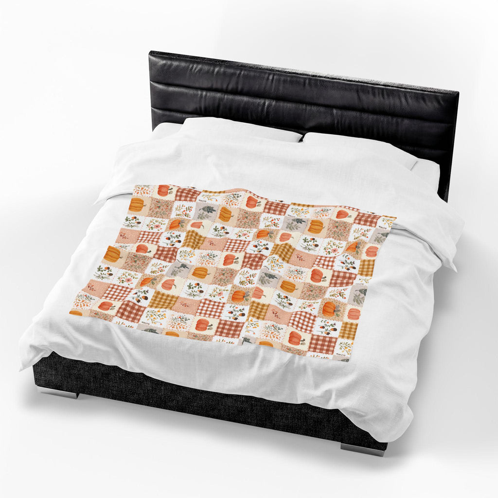 Autumn Patchwork Pumpkin Blanket Fall Plaid Velveteen Plush Throw Grandmacore Farmhouse Decor