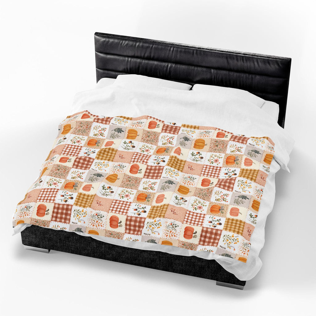 Autumn Patchwork Pumpkin Blanket Fall Plaid Velveteen Plush Throw Grandmacore Farmhouse Decor