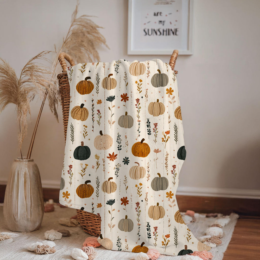 Boho Fall Pumpkin Blanket Autumn Leaves Plaid Velveteen Plush Throw Cozy Thanksgiving Decor