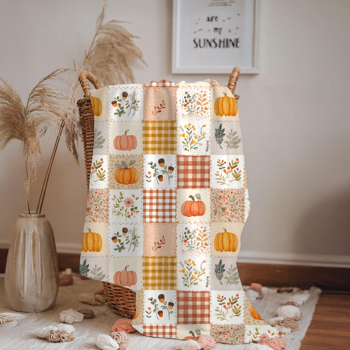 Autumn Patchwork Pumpkin Blanket Fall Plaid Velveteen Plush Throw Grandmacore Farmhouse Decor