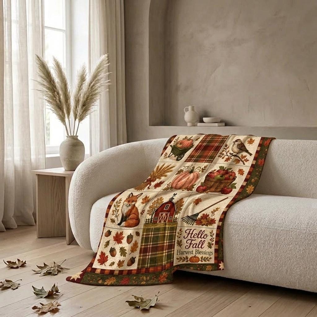 Fall Quilt Blanket, Autumn Harvest Throw, Hello Fall Harvest Decor, Pumpkin Fox Farmhouse Sofa Cover, Thanksgiving Gift For Her GIFT 2026