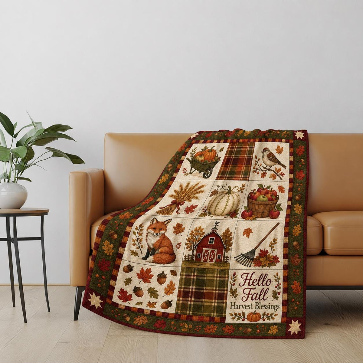 Fall Quilt Blanket, Autumn Harvest Throw, Hello Fall Harvest Decor, Pumpkin Fox Farmhouse Sofa Cover, Thanksgiving Gift For Her GIFT 2026