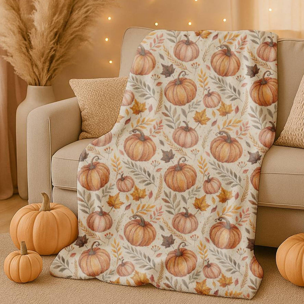 Cozy Pumpkin Blanket Fall Throw | Sherpa or Velveteen Plush | Whimsical Autumn Floral | Cottagecore Pumpkin Spice Season Home Decor