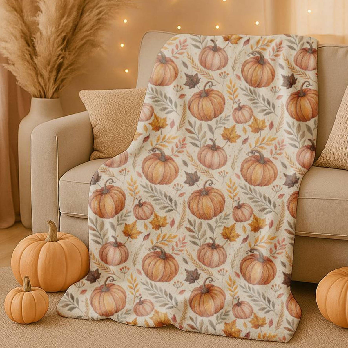 Cozy Pumpkin Blanket Fall Throw | Sherpa or Velveteen Plush | Whimsical Autumn Floral | Cottagecore Pumpkin Spice Season Home Decor
