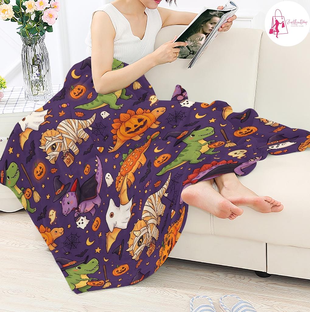 Halloween Dinosaur Blanket, Cute Spooky Dino Ghost Pumpkin Throw, Halloween Fleece Blanket, Kids Halloween Bedding, Cozy Autumn Gift