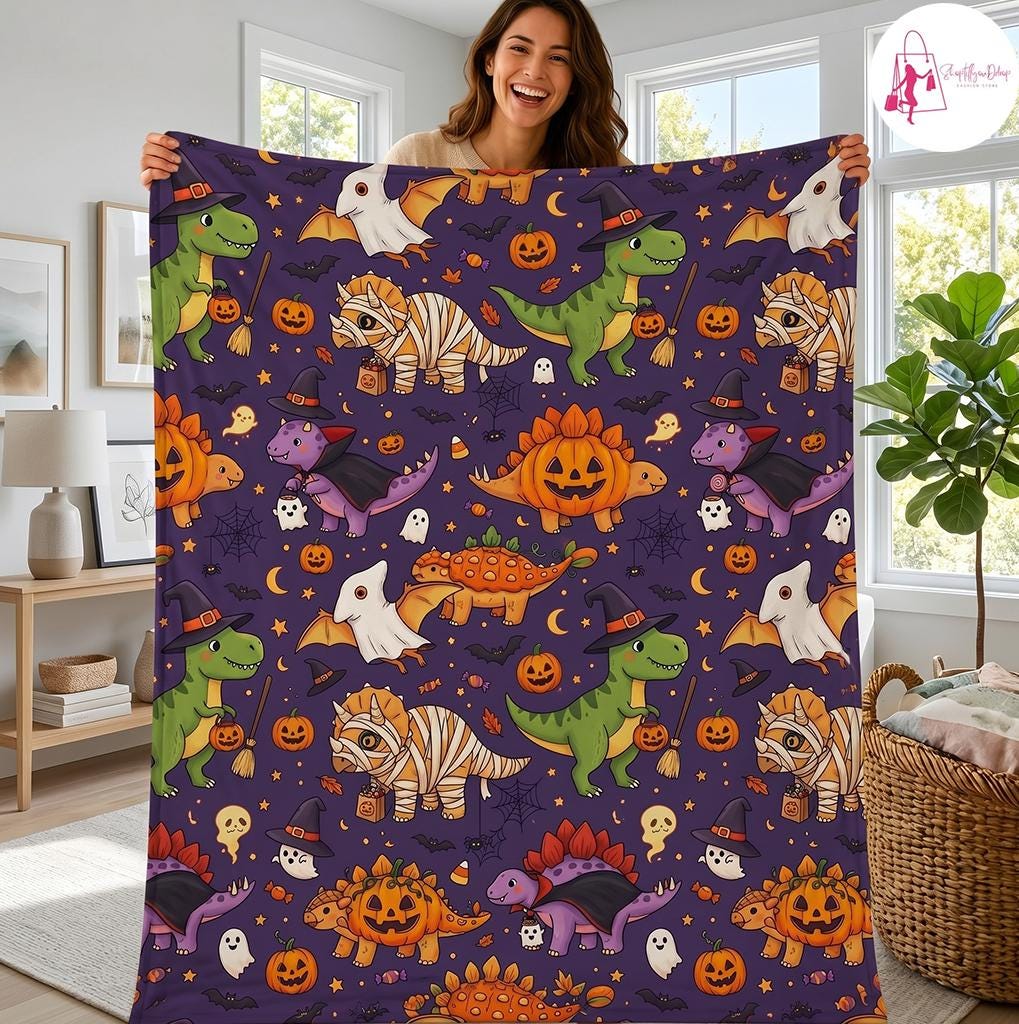 Halloween Dinosaur Blanket, Cute Spooky Dino Ghost Pumpkin Throw, Halloween Fleece Blanket, Kids Halloween Bedding, Cozy Autumn Gift