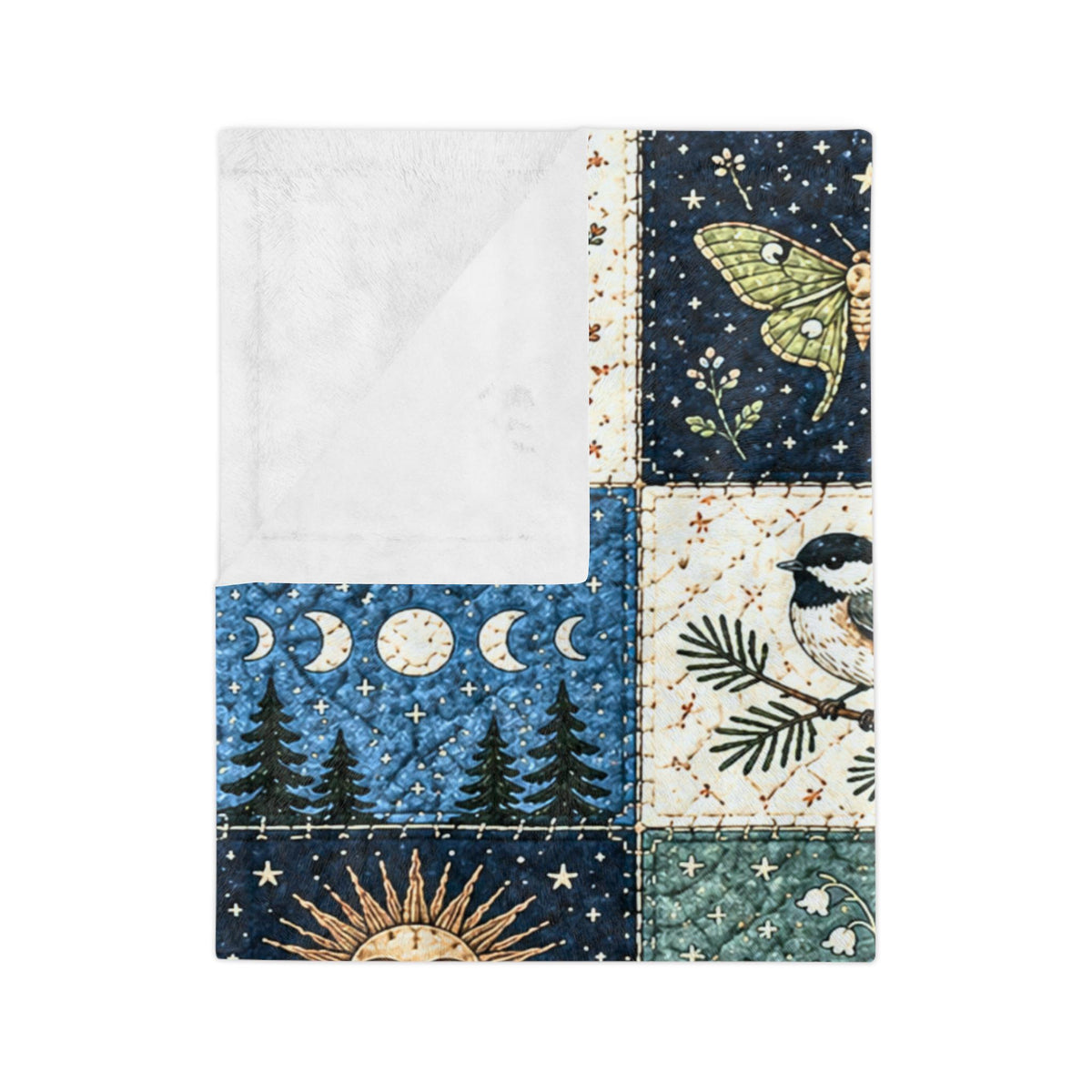 Woodland Faux Patchwork Quilt Blanket, Celestial Moon And Stars Throw Blanket, Forest Animal Sherpa Fleece