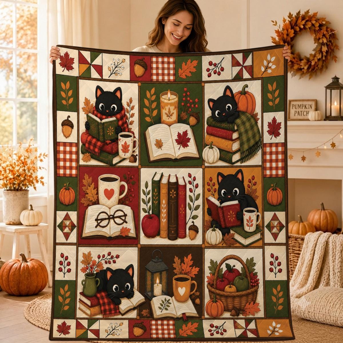 Black Cat Autumn Patchwork Quilt, Cozy Fall Reading Blanket, Pumpkin Cottagecore Throw